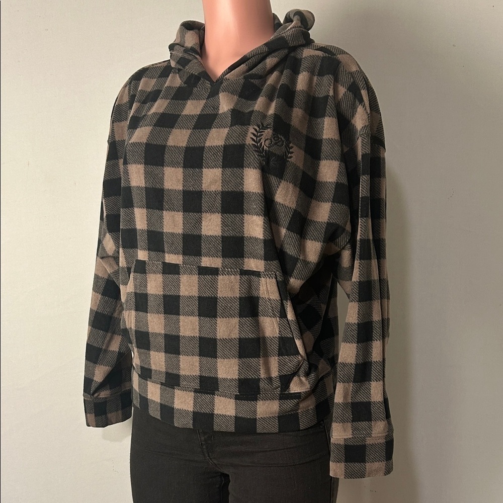 VICTORIA'S SECRET Hoodie Fleece Sleep Checkered Coffee Long Sleeve Size Medium